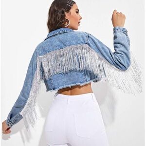Shein Raw Hem Fringe Detail Crop Denim Jacket size large